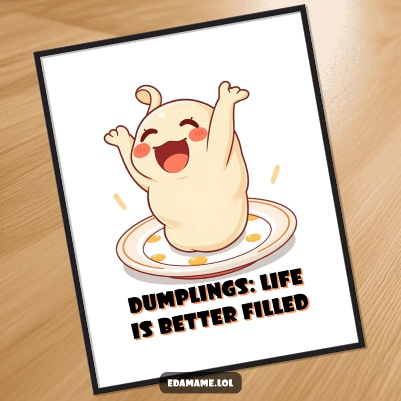 Funny Free Printable Wall Art: A delighted dumpling character performing an energetic somersault on a simple plate.