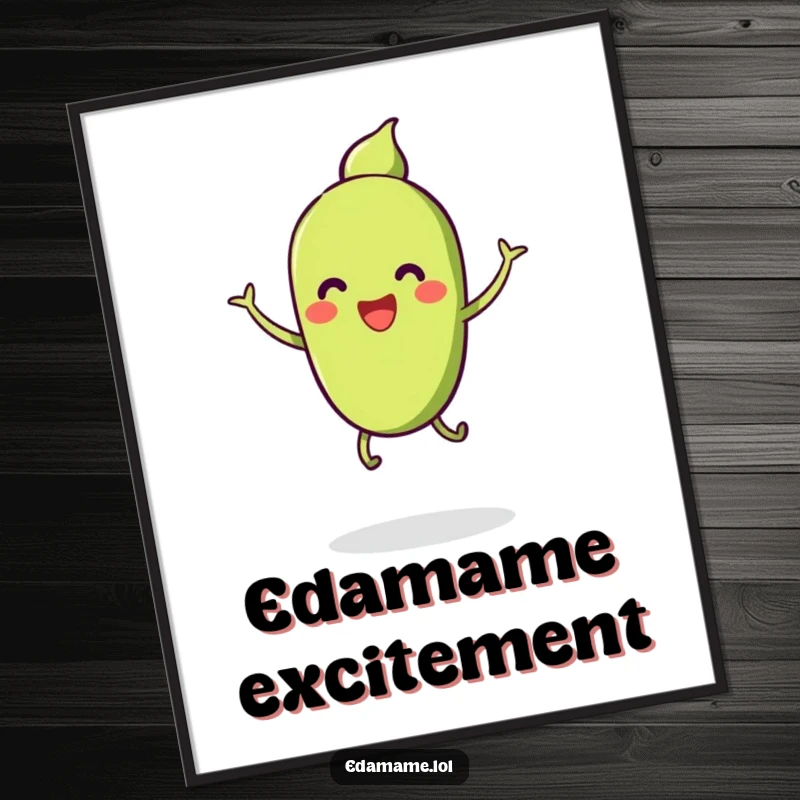 Funny Free Printable Wall Art: A pod of smiling edamame with tiny legs performing a cheerful jump, DIY.