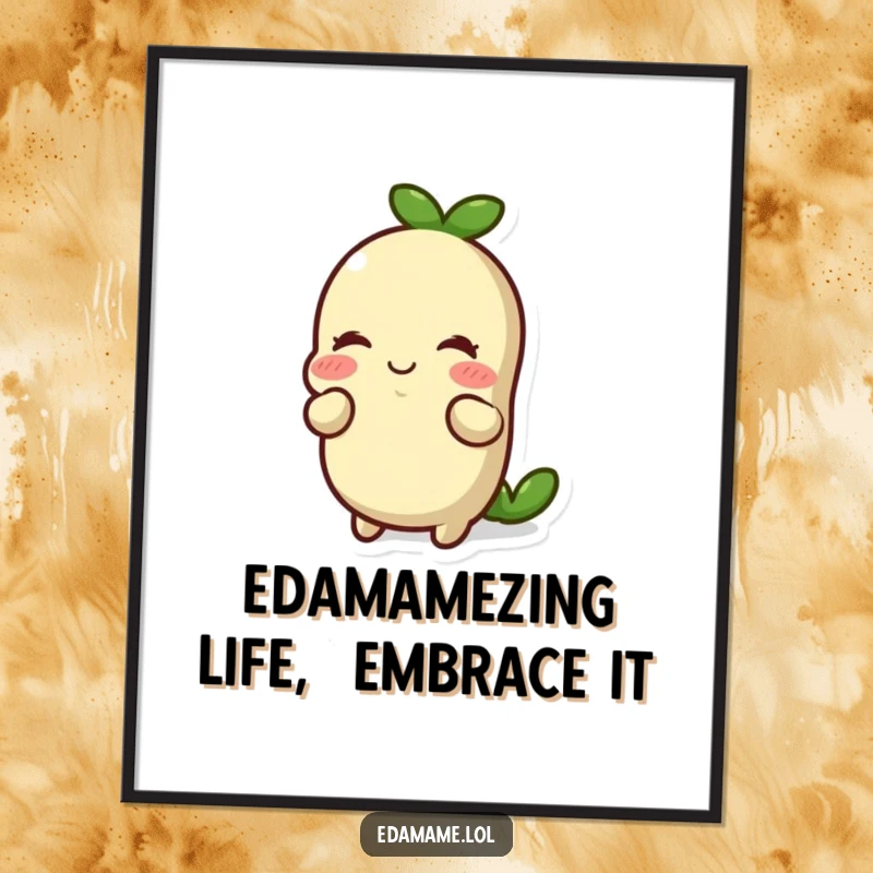 Funny Free Printable Wall Art of a smiling edamame bean performing a friendly and polite little bow.