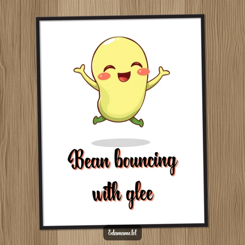Funny free printable wall art capturing a giggling edamame bean in the middle of an energetic, bouncy jump.