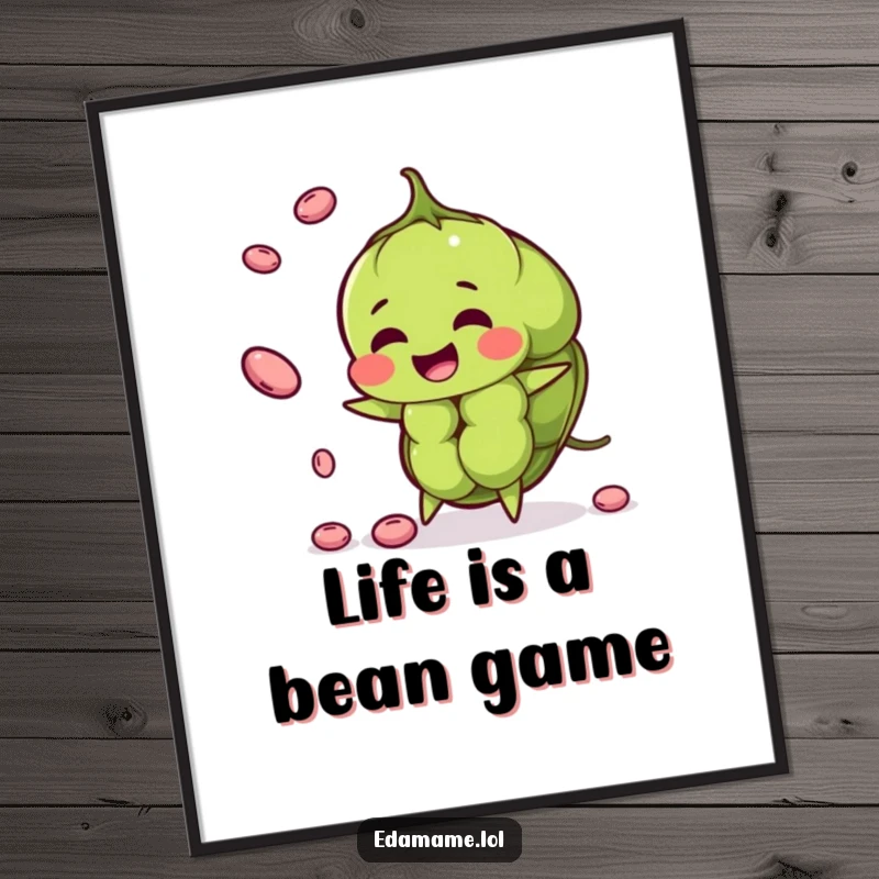 Funny Free Printable Wall Art depicting a cheerful Edamame pod in mid-juggle with smaller beans, ready to hang.
