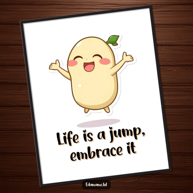 Funny Free Printable edamame pod character having a blast, leaping joyfully with a hilarious laugh.