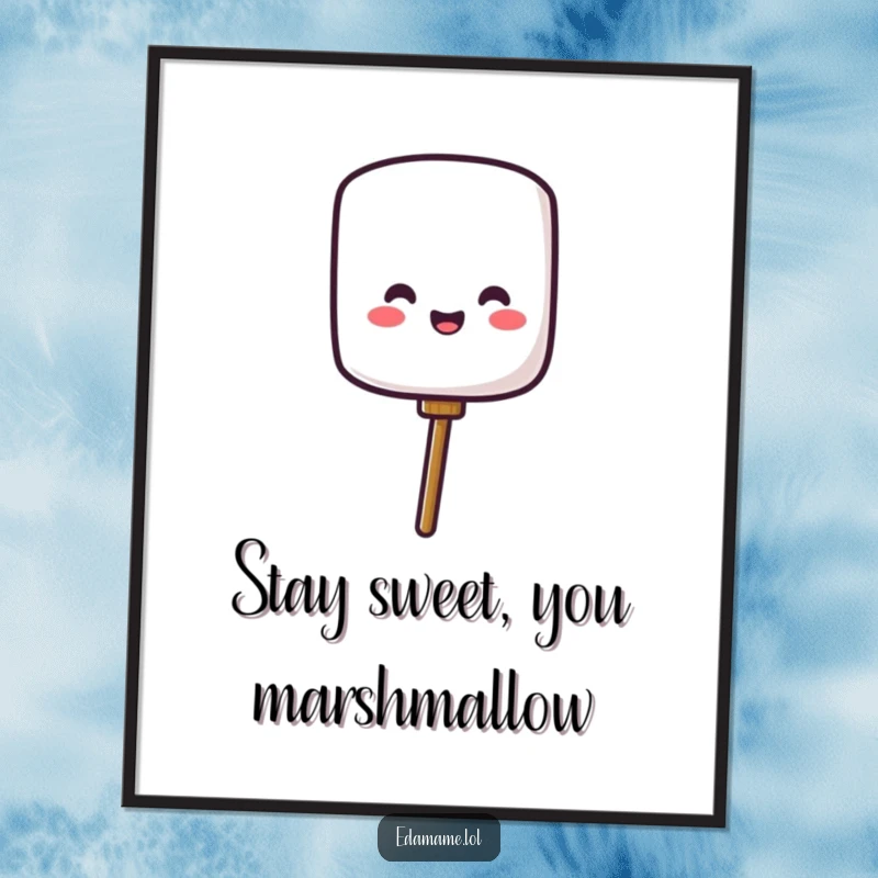 Funny Free Printable Wall Art: A joyful marshmallow character springs energetically off a stick, adding playful charm.
