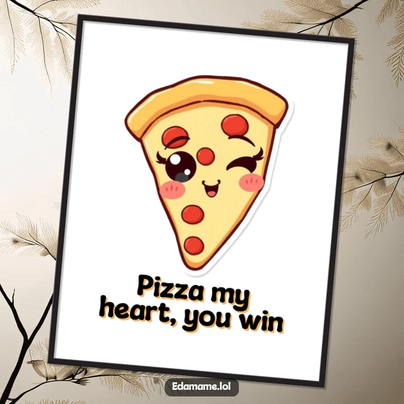 Funny Free Printable Wall Art: A cheerful pizza slice with pepperoni eyes winks with a friendly expression.