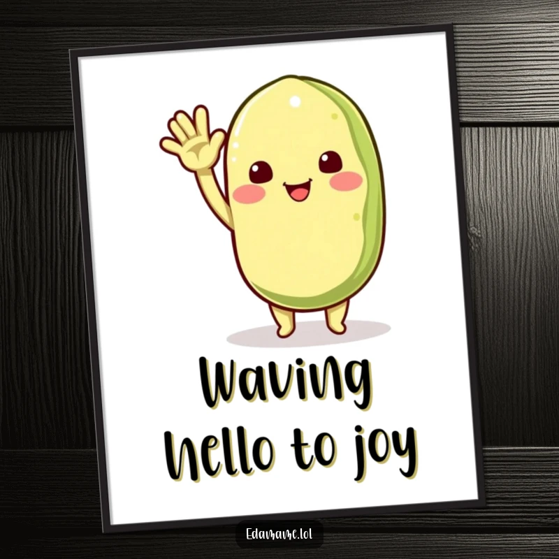 Funny Free Printable Wall Art: A smiling edamame pod character waving energetically, bringing a cheerful and friendly vibe to the room.