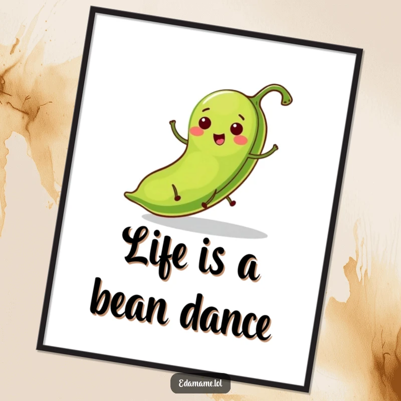 Funny Free Printable Wall Art: A happy green bean pod with tiny legs performing a joyful hop.