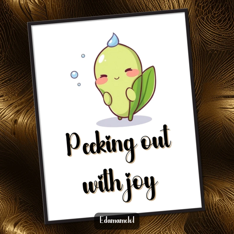 Funny Free Printable Wall Art: a shy edamame pod blushing sweetly behind a dewdrop, adding cute charm.