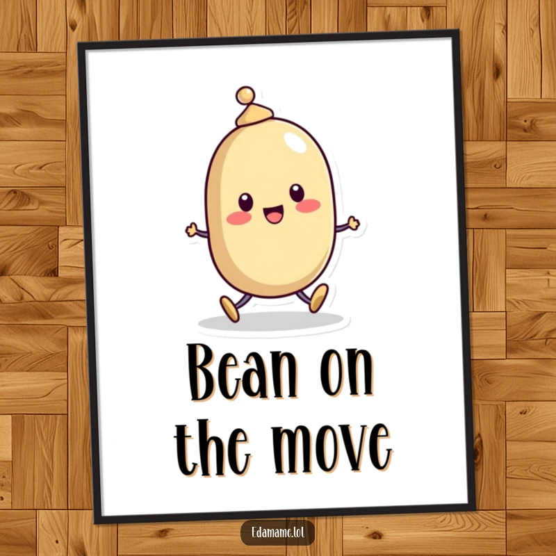 Funny Free Printable Wall Art: A cheerful bean character sporting a tiny hat skips along, radiating joy.