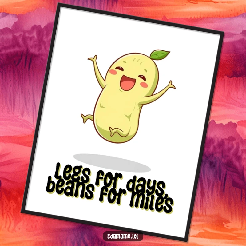 Funny Free Printable Edamame Cartwheel Wall Art showing a cheerful pod doing a spirited cartwheel on its tiny legs.