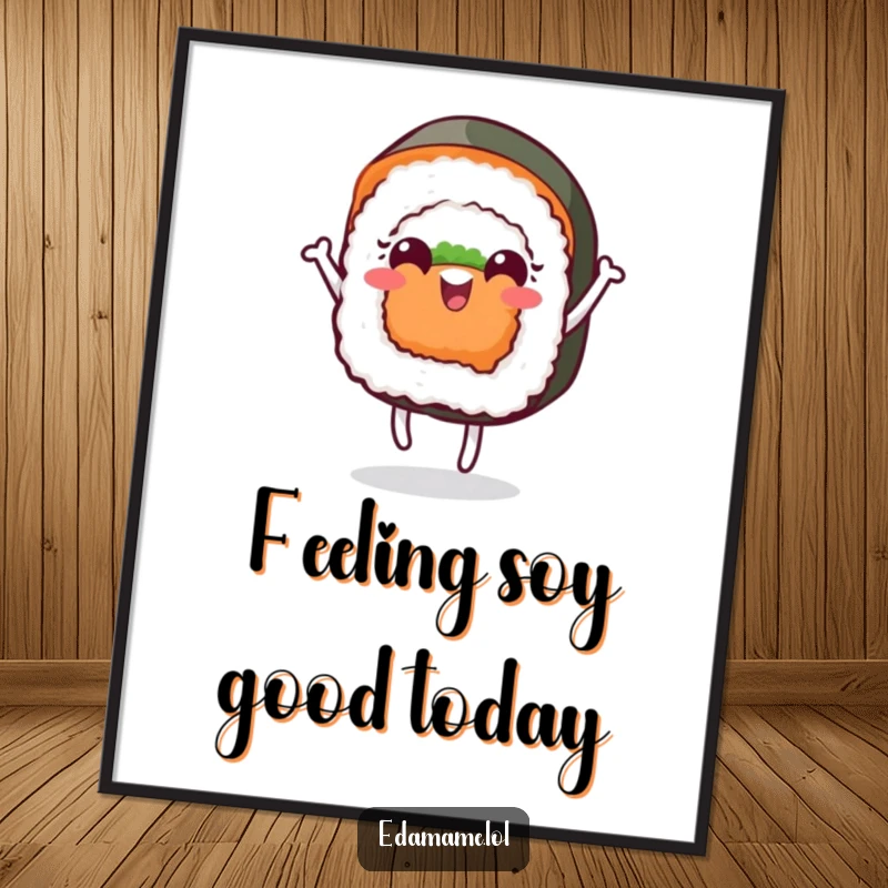 Funny Free Printable Wall Art: A cheerful sushi roll with a face dances playfully, adding a quirky and fun vibe to decor.