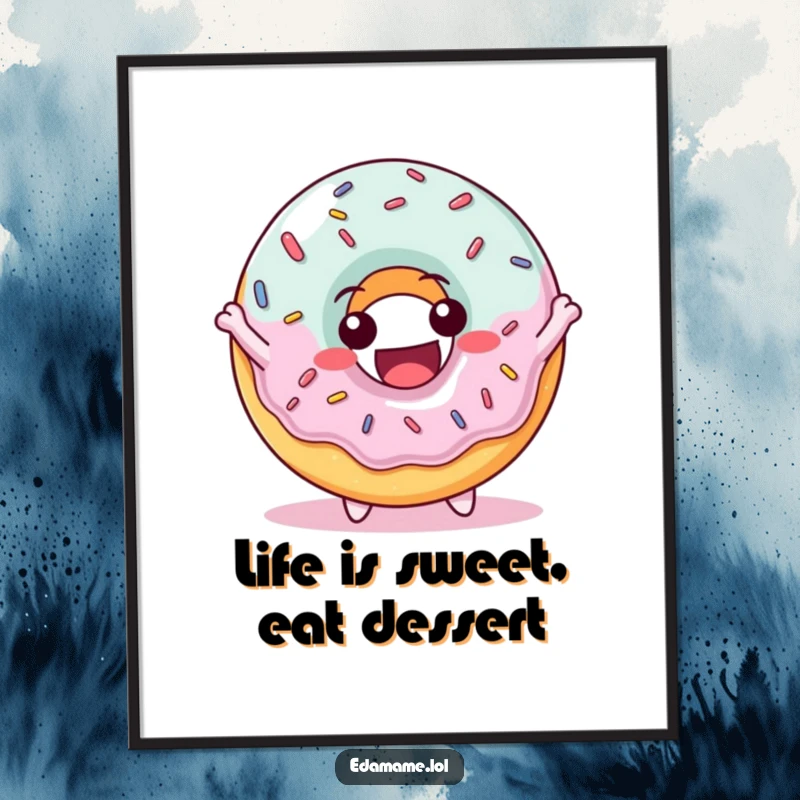 Funny Free Printable Wall Art: Delighted donut character with sprinkles bouncing with joy, bringing sweet cheer to any room.