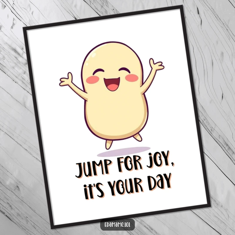 Funny Free Printable Wall Art: A cheerful bean pod laughing and jumping high in the air, full of infectious energy.