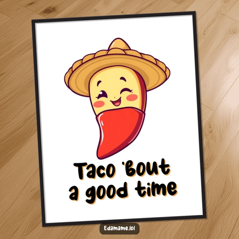 Funny Free Printable Wall Art: A winking taco character in a sombrero slides down a chili pepper, adding playful humor to decor.