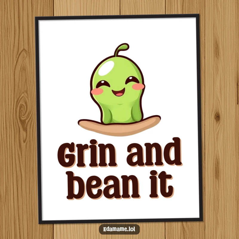 Funny Free Printable Grinning Edamame Wall Art showing a single bean with a massive, wide-open grin.