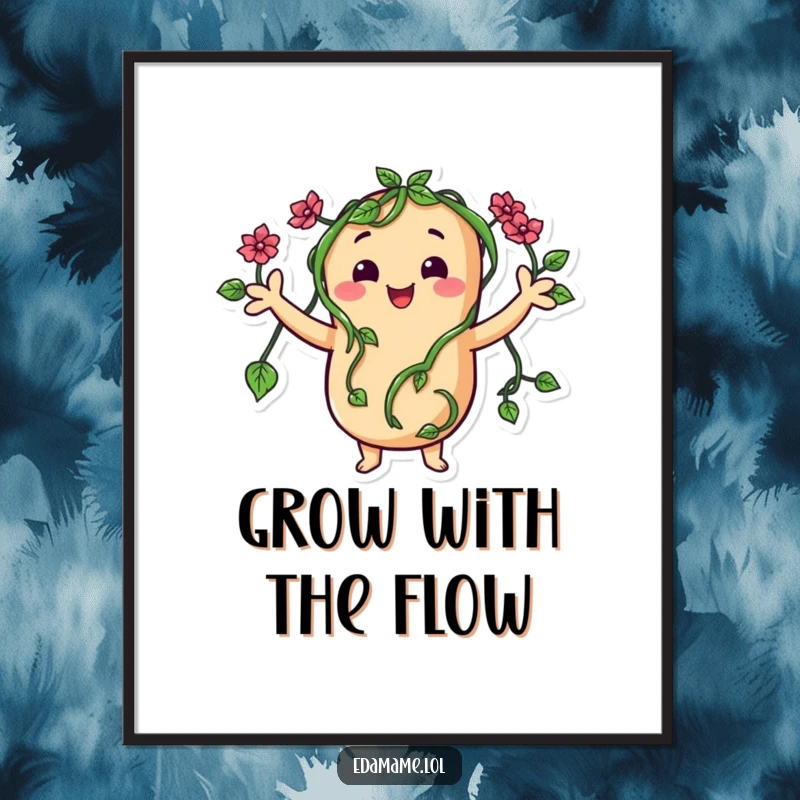 Funny Free Printable Wall Art: A happy bean character with arms made of green vines waving cheerfully.