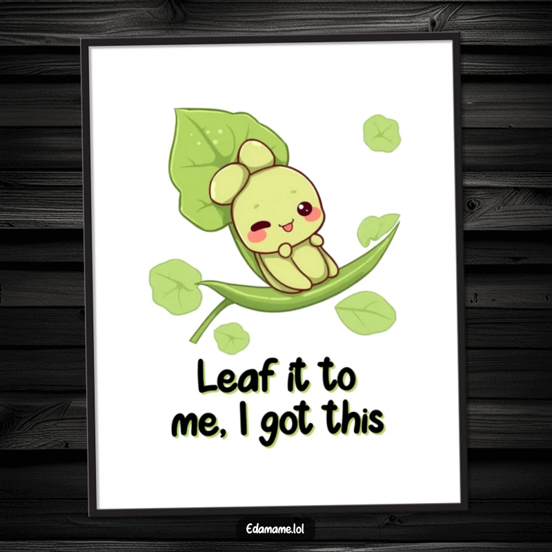 Funny Free Printable Wall Art: Cute edamame character joyfully slides down a lush green leaf, bringing a playful vibe.