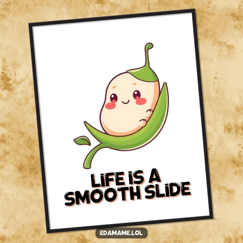 Funny Free Printable Wall Art: A bean pod character with a big smile sliding effortlessly down a smooth green stalk.