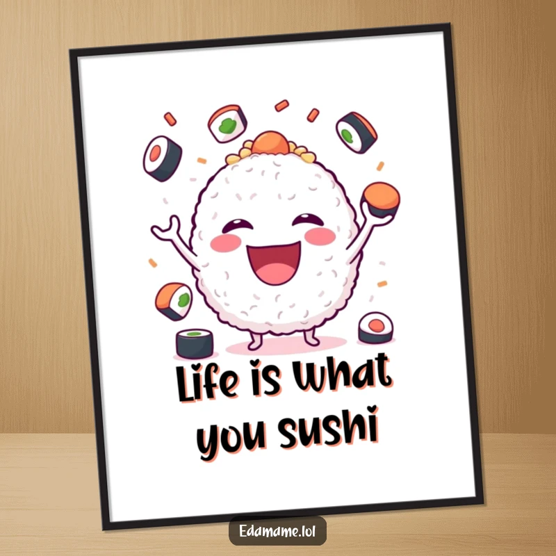 Funny Free Printable Wall Art: A wide-grinned rice ball character skillfully juggling sushi pieces in a whimsical display.