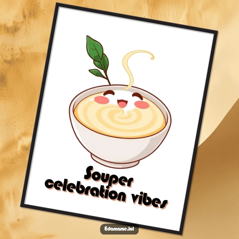 Funny Free Printable Dashi Broth Wall Art, gleeful character swirling in a bowl, quirky kitchen decor, downloadable.