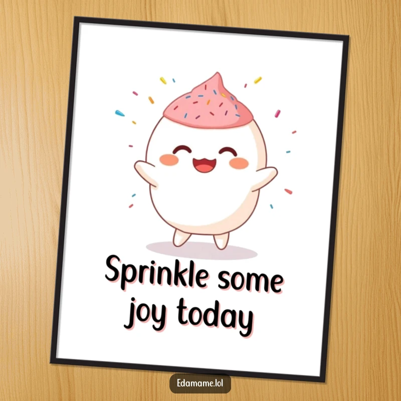 Funny Free Printable Wall Art: A giggling mochi character caught mid-dance with joyful sprinkles scattering around it.