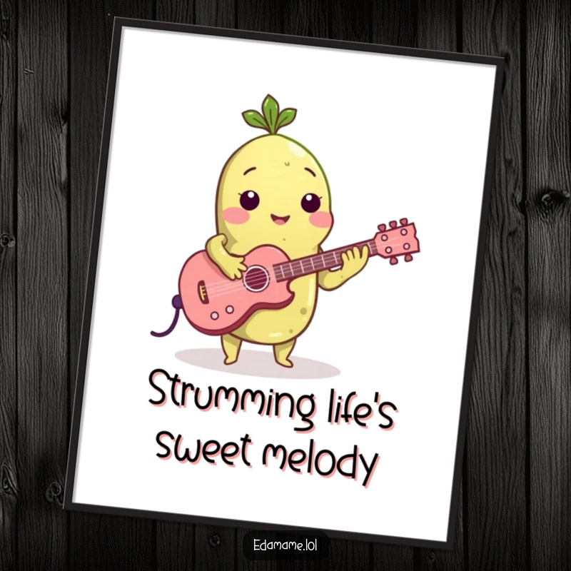 Funny Free Printable Wall Art: Single edamame bean enthusiastically playing a tiny guitar, embodying rock and roll spirit