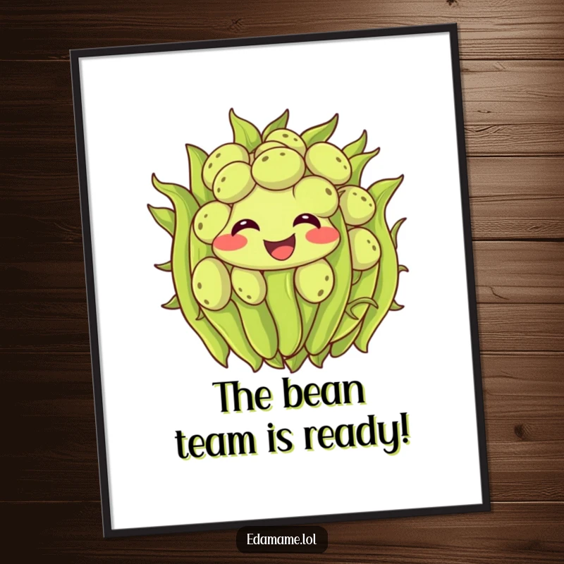 Funny Free Printable Edamame Wiggle Wall Art depicting a vibrant cluster of beans joyfully shimmying with excitement.