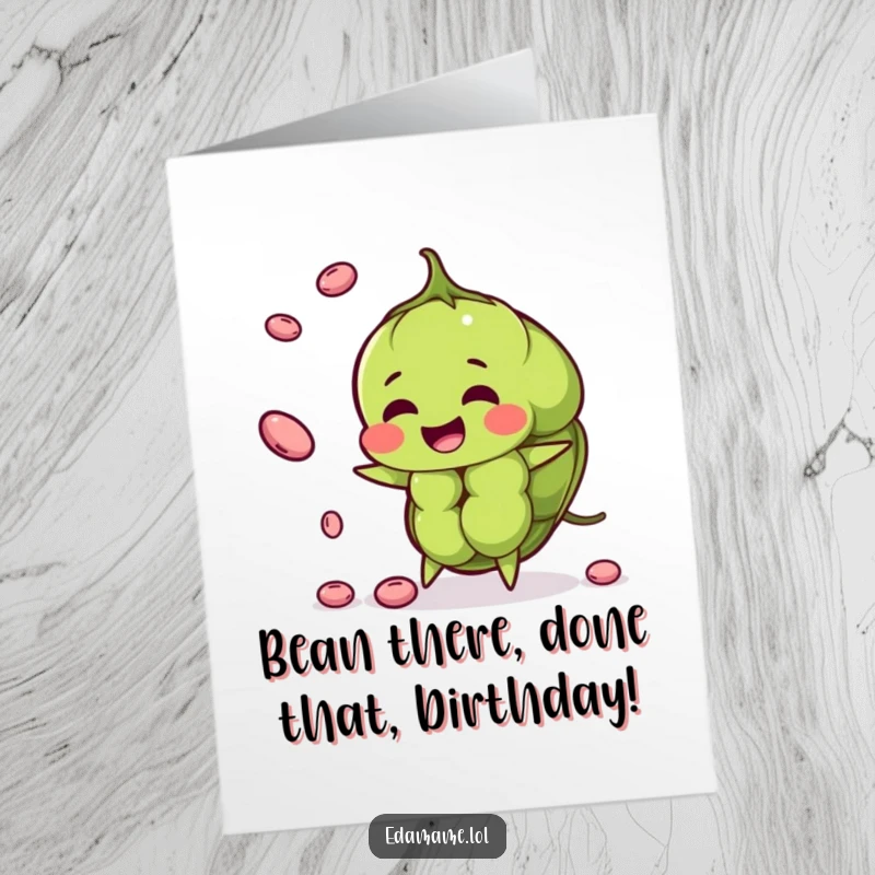 Funny Free Printable Birthday Card featuring a cheerful Edamame pod juggling smaller beans with a joyful expression.