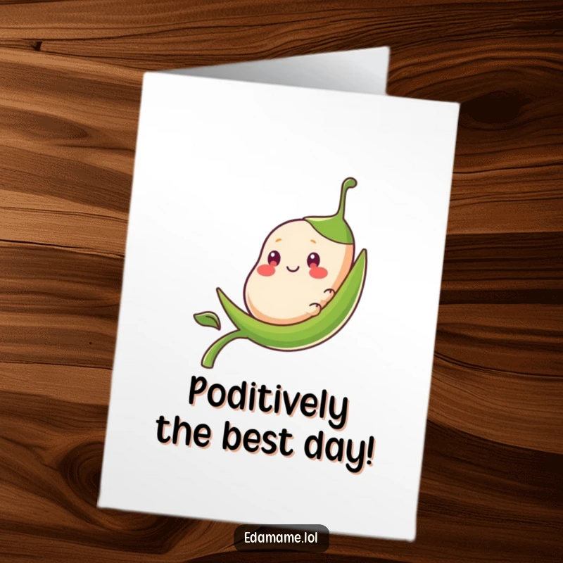 Funny Free Printable Birthday Card: A smiling bean pod character smoothly sliding down a green stalk, looking delighted.