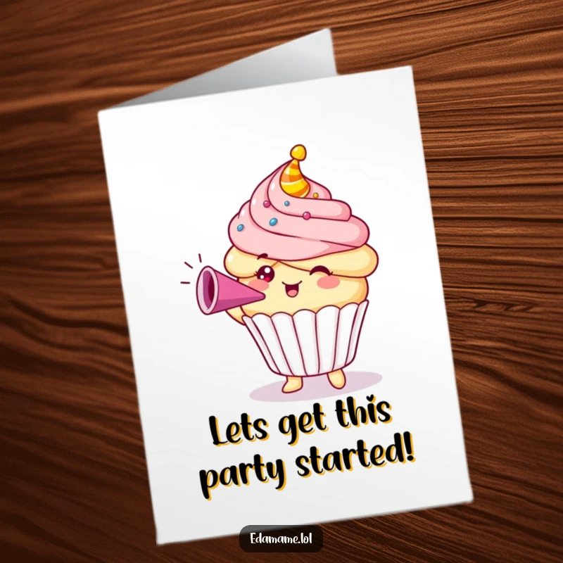 Funny free printable birthday card with a smiling cupcake character enthusiastically blowing a party horn with confetti.