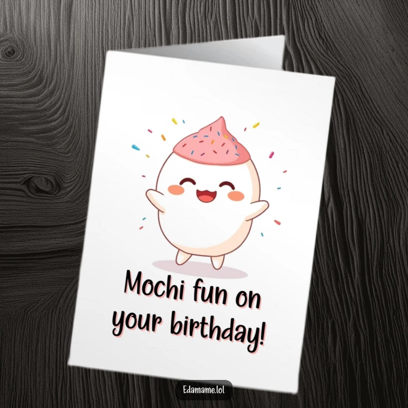 Funny Free Printable Birthday Card: A giggling mochi character happily doing a bouncy jig with colorful sprinkles flying everywhere.