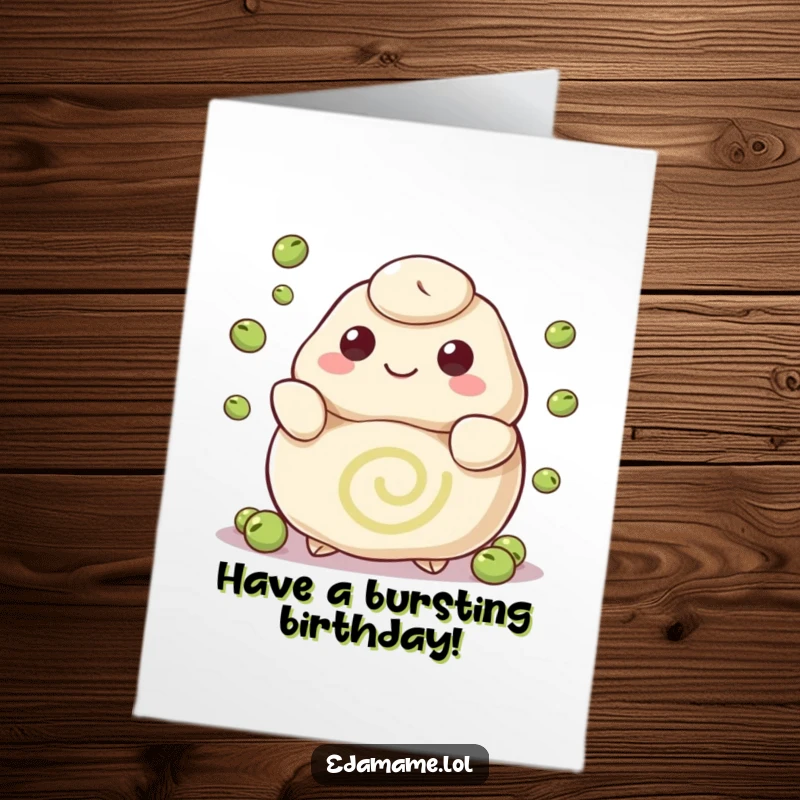 Funny Free Printable Birthday Card: A happy dumpling with a swirl pattern juggles tiny peas, bringing playful energy to a birthday.