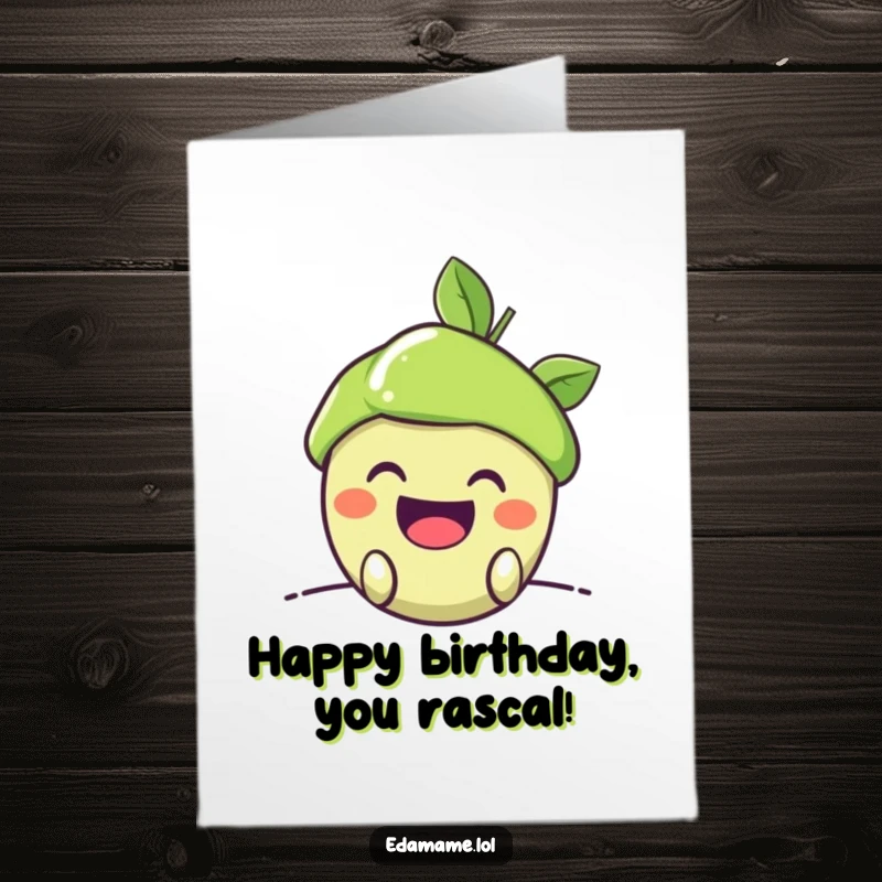 Funny Free Printable Birthday Card: Happy edamame pod peeking out with a sly, mischievous grin.