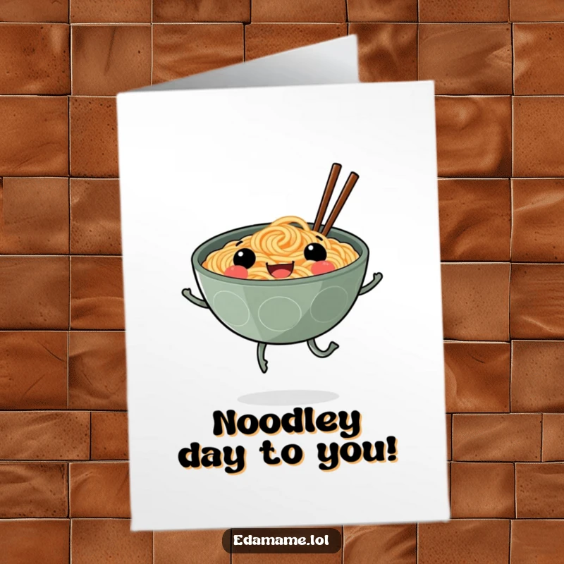 Funny Free Printable Birthday Card: A smiling ramen bowl with legs happily skips, bringing joy to a birthday celebration.