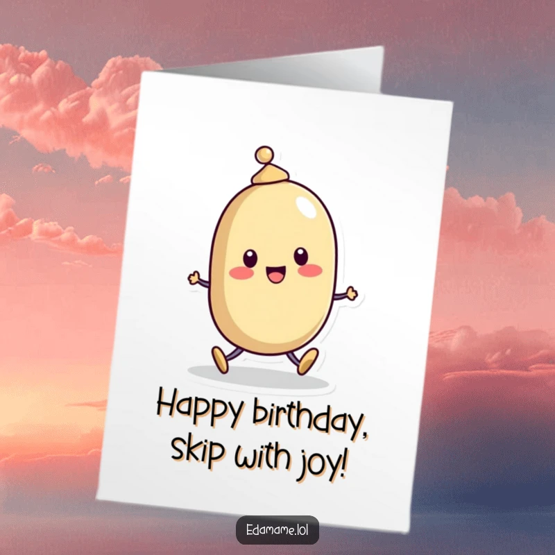 Funny Free Printable Birthday Card: Cheerful bean character in a small hat skipping joyfully, spreading birthday cheer.