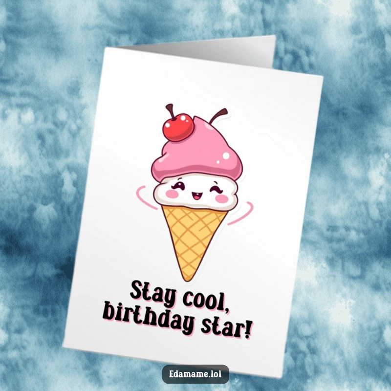 Funny Free Printable Birthday Card: A whimsical ice cream cone with a cherry hat spinning with glee.