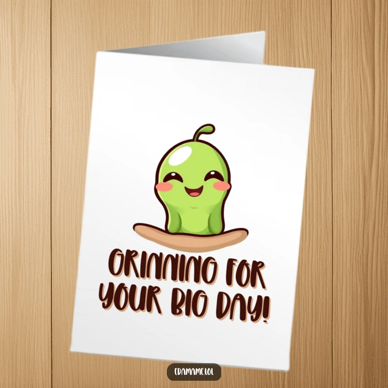 Funny Free Printable Birthday Card featuring a single edamame bean with a huge, infectious grin peeking out.
