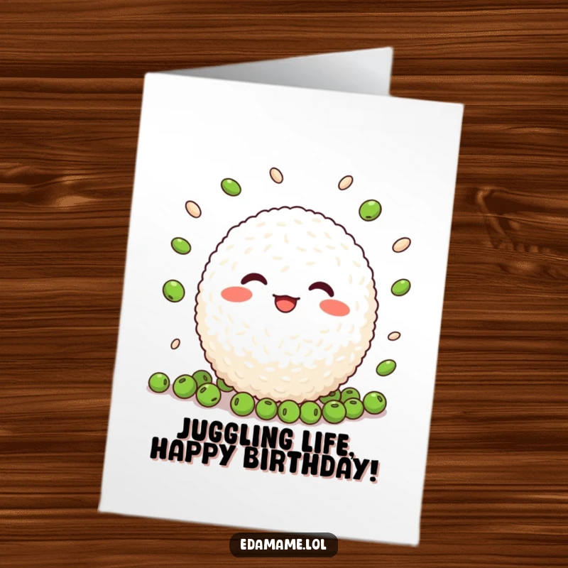 Funny Free Printable Birthday Card: A cheerful rice ball happily juggles tiny green peas on their special day.