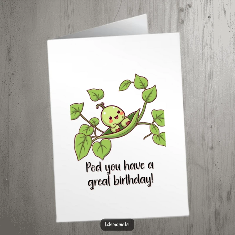 Funny Free Printable Birthday Card featuring a joyous pea pod sliding down a green leafy vine, ready to deliver birthday cheer.
