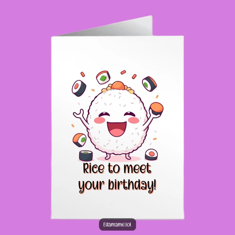 Free Printable Birthday Card: Funny Rice Ball Juggling Sushi, Downloadable Humorous Greeting