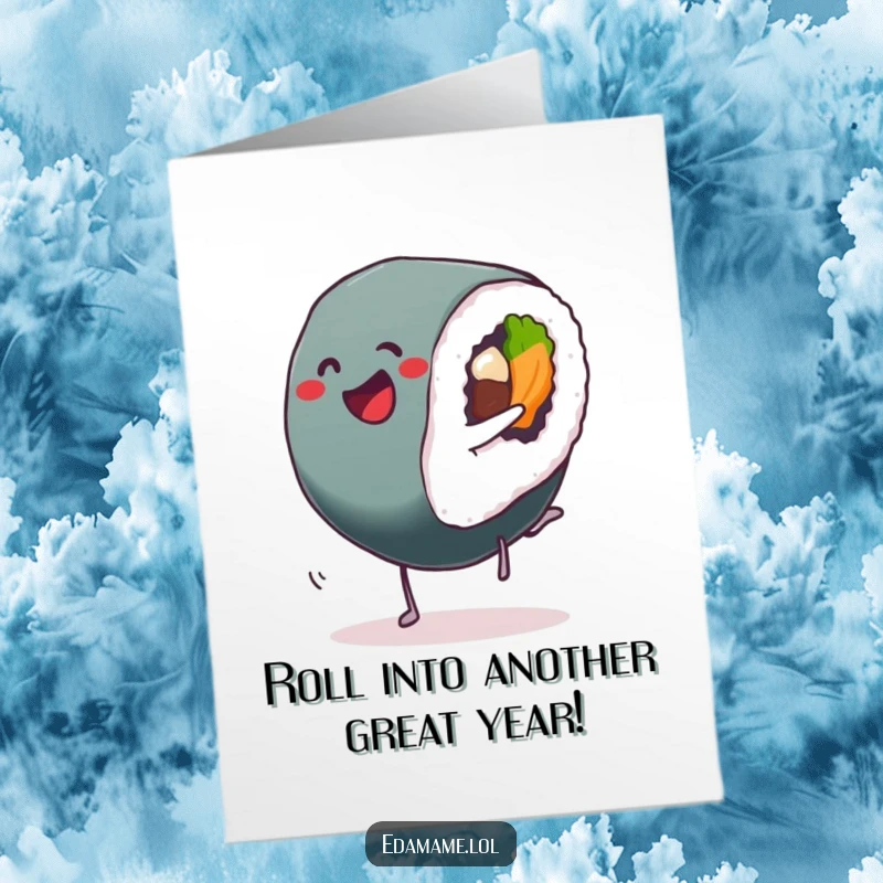 Funny Free Printable Birthday Card featuring a happy sushi roll in mid-cartwheel, a delightful and energetic design.