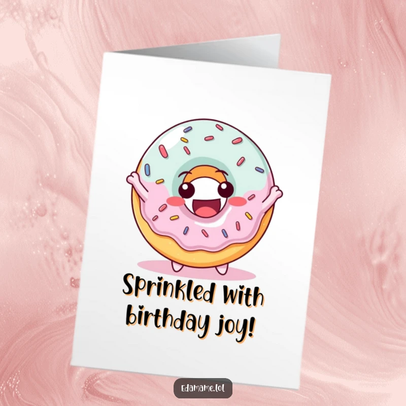 Funny Free Printable Birthday Card: Delighted donut character with sprinkles bouncing with joy, celebrating a sweet birthday with downloadable art.