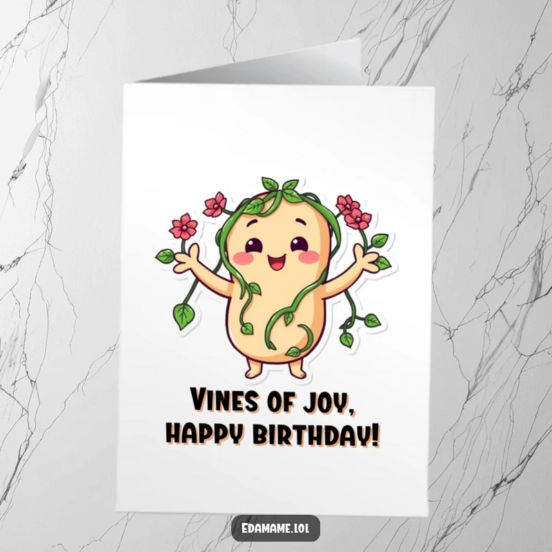 Funny Free Printable Birthday Card: A happy bean character with vine arms enthusiastically waving hello.