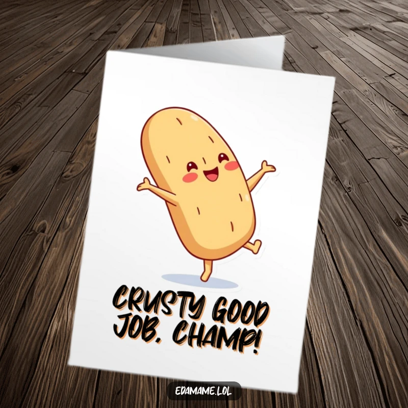 Funny Free Printable Congrats Card: A happy baguette with a crusty smile does an enthusiastic cartwheel.