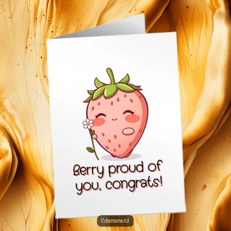 Funny Free Printable Congratulations Card: A bashful strawberry offers a small flower, conveying sweet congratulations for their success.