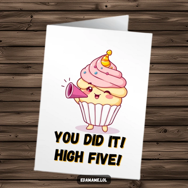 Free printable congratulations card featuring a jubilant cupcake character blowing a party horn, symbolizing celebration and success.