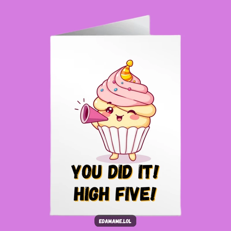 Free Printable Congrats Card: Cupcake Blowing Horn, Joyful Downloadable Greeting for Any Win