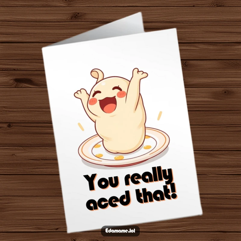 Funny Free Printable Congratulations Card: A delighted dumpling character doing a happy somersault on a plate, celebrating a win.