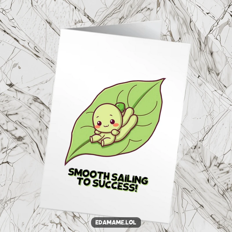 Funny Free Printable Congratulations Card: A cute edamame character smoothly sliding down a leaf, celebrating a successful achievement.