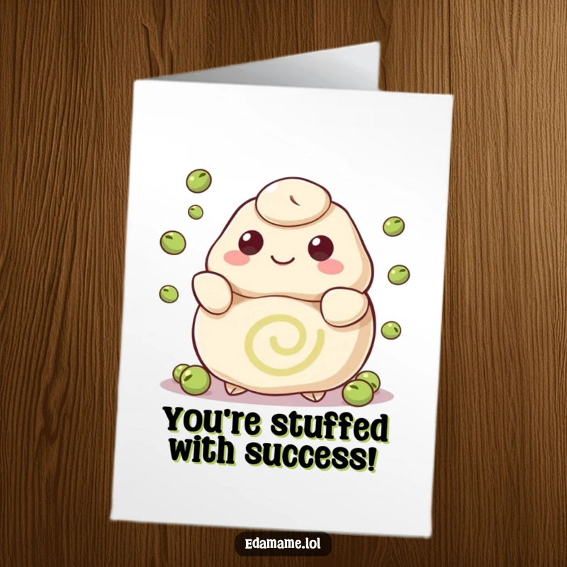 Funny Free Printable Congratulations Card: A happy dumpling with a swirl pattern juggles tiny peas to celebrate a special occasion.