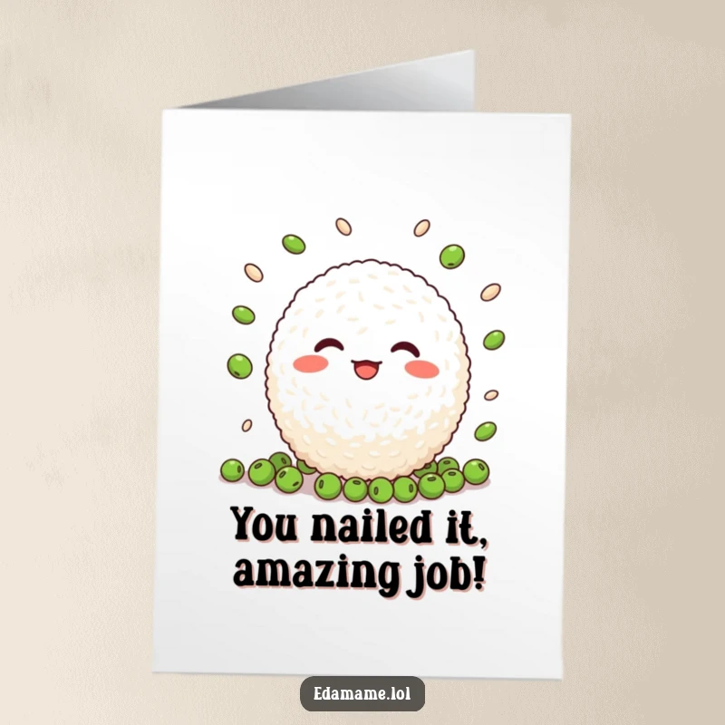 Funny Free Printable Congratulations Card: A happy rice ball expertly juggles peas, celebrating your big win.